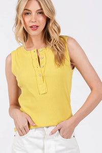 Ces Femme Stitch Detail Half Button Ribbed Tank - Brittney MADE
