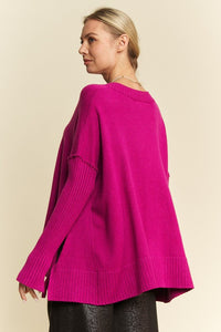 Davi & Dani Ribbed Side Slit V-Neck Sweater - Brittney MADE