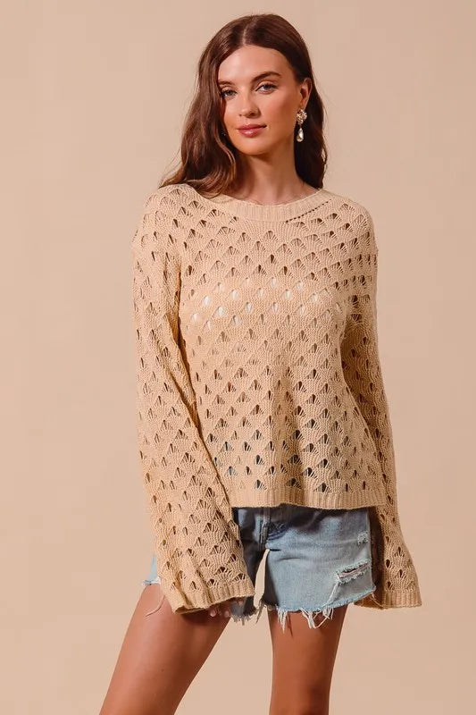SO ME Geometric Pattern Open Knit Lightweight Sweater - Brittney MADE