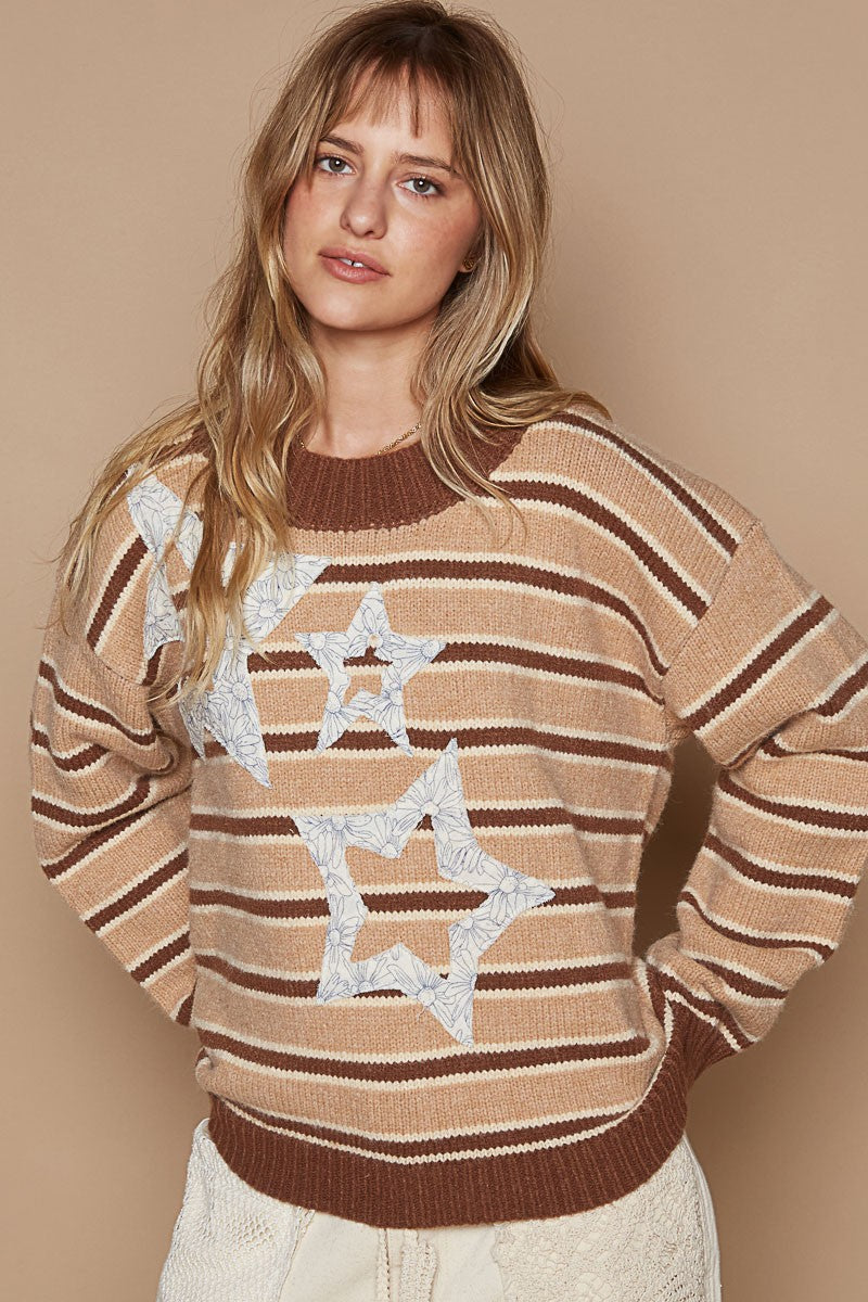 POL Star Patch Stripe Round Neck Sweater - Brittney MADE