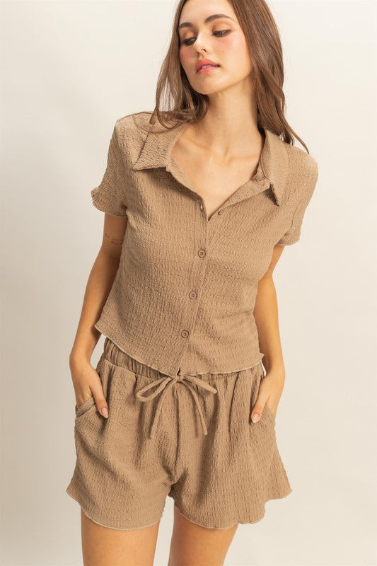 HYFVE Textured Short Sleeve Top and Drawstring Shorts Knit Set - Brittney MADE