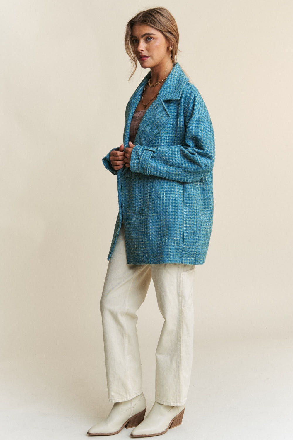 J.NNA Tweed Double-Breasted Long Sleeve Coat - Brittney MADE
