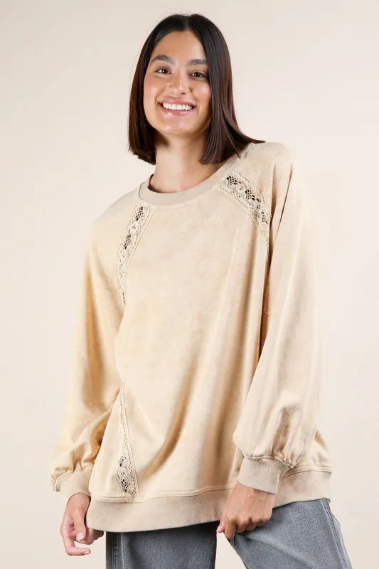 VERY J Plus Size Lace Trim Detail Mineral Washed Knit Top - Brittney MADE