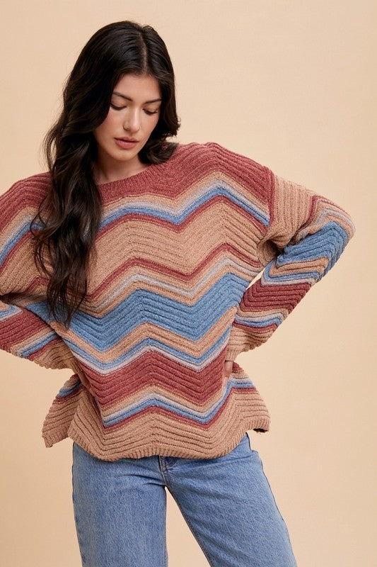 Annie Wear Multi Color Zig-Zag Round Neck Sweater - Brittney MADE
