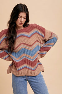 Annie Wear Multi Color Zig-Zag Round Neck Sweater - Brittney MADE