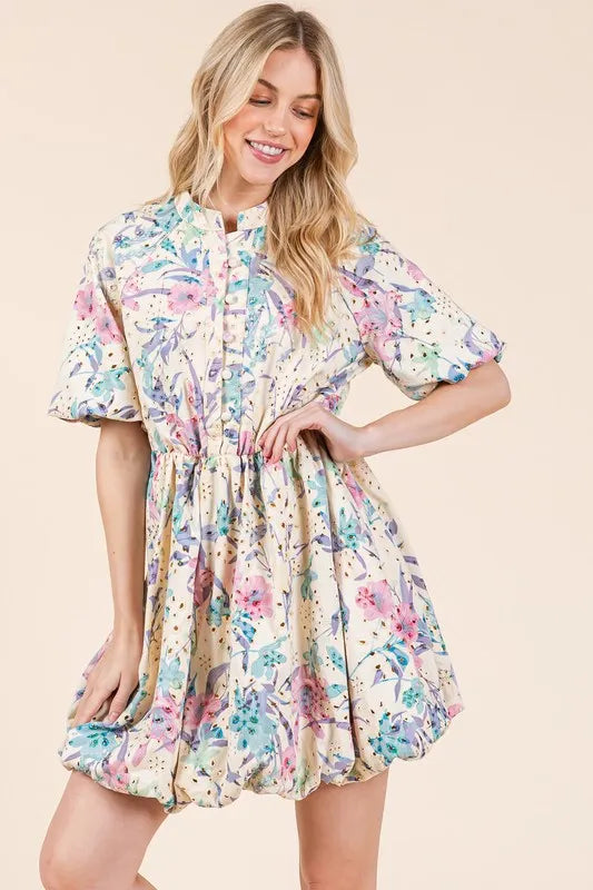 GeeGee Floral Eyelet Lace Puff Sleeve Mini Shirt Dress - Brittney MADE