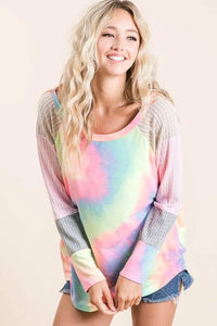 BiBi Tie Dye Terry Top with Color Block Pointelle Knit - Brittney MADE