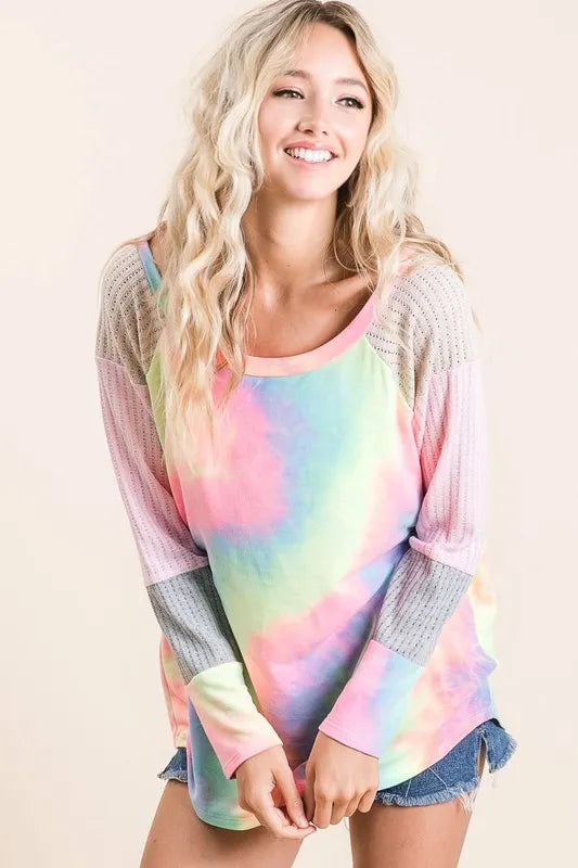 BiBi Tie Dye Terry Top with Color Block Pointelle Knit - Brittney MADE