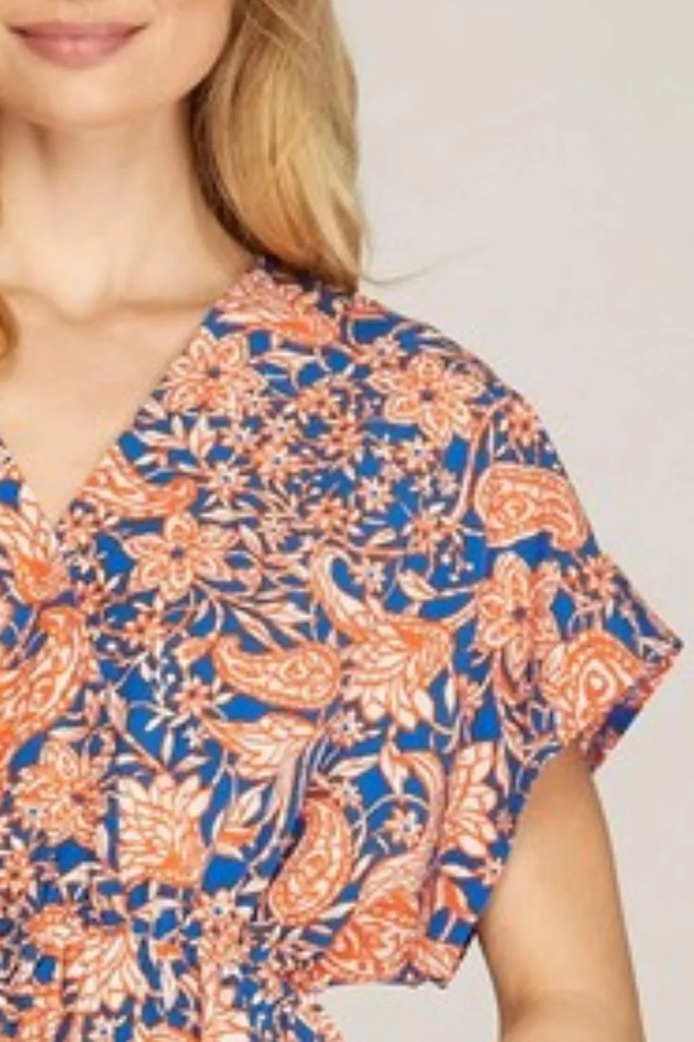 She + Sky Full Size Ruffled Hem Printed Surplice Kimono Sleeve Mini Dress Plus Size - Brittney MADE
