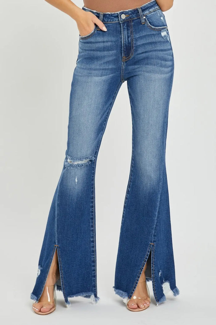 RISEN Full Size High Rise Front Slit Frayed Hem Flare Jeans - Brittney MADE