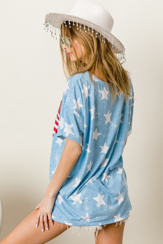 BiBi Star Print Sequin V-Neck Short Sleeve T-Shirt - Brittney MADE