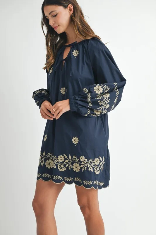 MABLE Embroidered Long Sleeve Peasant Mini Dress - Brittney MADE