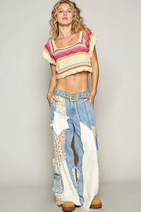 POL Openwork Ethnic Pattern Square Neck Cropped Knit Top - Brittney MADE