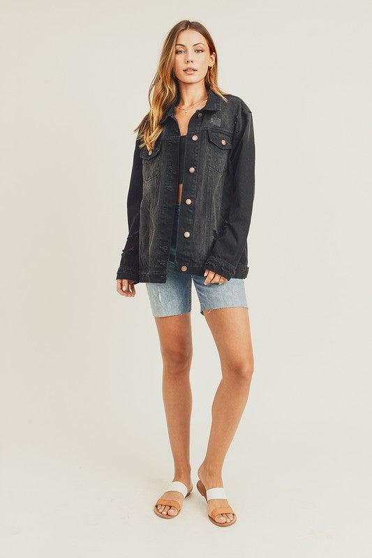 RISEN Full Size Distressed Long Sleeve Denim Jacket - Brittney MADE