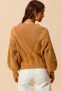 SO ME Mineral Washed Loose Fit Textured Cable Sweater - Brittney MADE