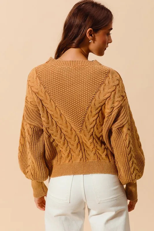 SO ME Mineral Washed Loose Fit Textured Cable Sweater - Brittney MADE