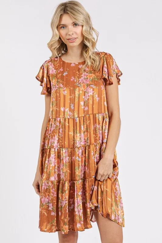 Mittoshop Flower Print Round Neck Flutter Sleeve Tiered Dress - Brittney MADE