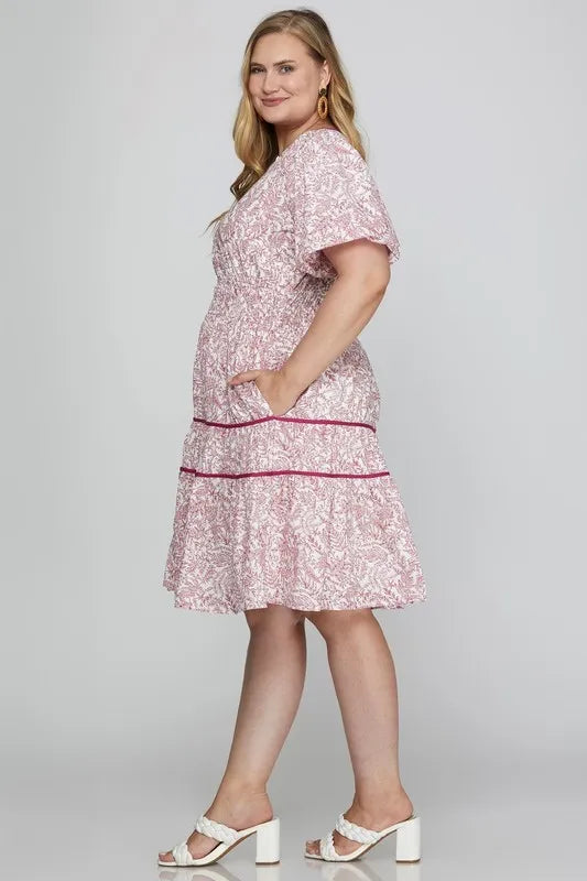 She + Sky Full Size Printed V-Neck Puff Sleeve Tiered Dress Plus Size - Brittney MADE