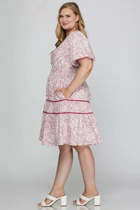 She + Sky Full Size Printed V-Neck Puff Sleeve Tiered Dress Plus Size - Brittney MADE