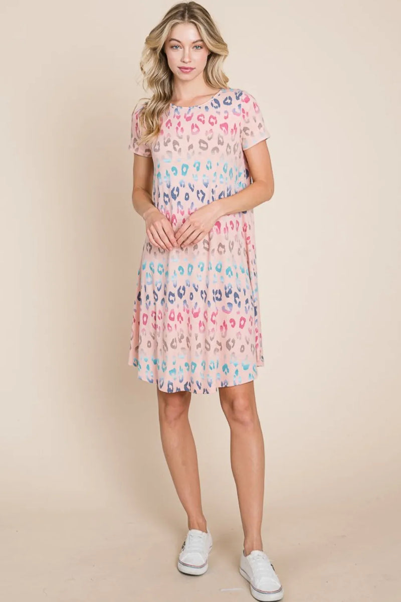 BOMBOM Leopard Round Neck Short Sleeve Dress - Brittney MADE