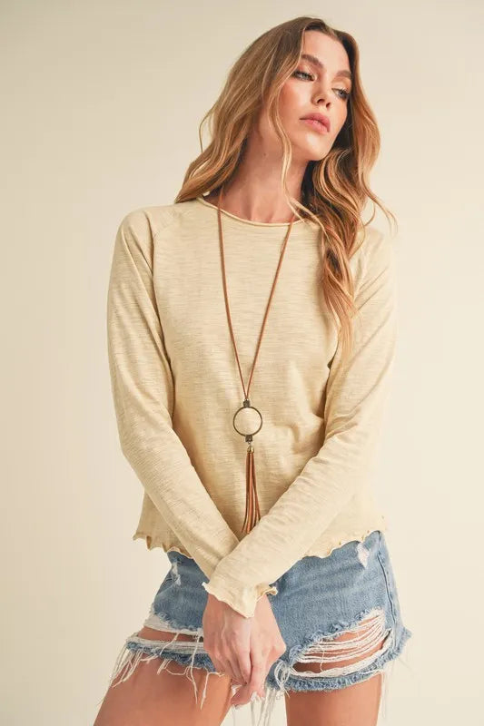 Aemi + Co Lettuce Hemline Round Neck Raglan Sleeve T-Shirt - Brittney MADE