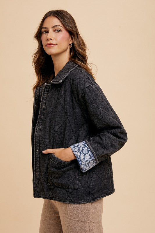 Annie Wear Quilted Printed Lining Snap Down Denim Jacket - Brittney MADE