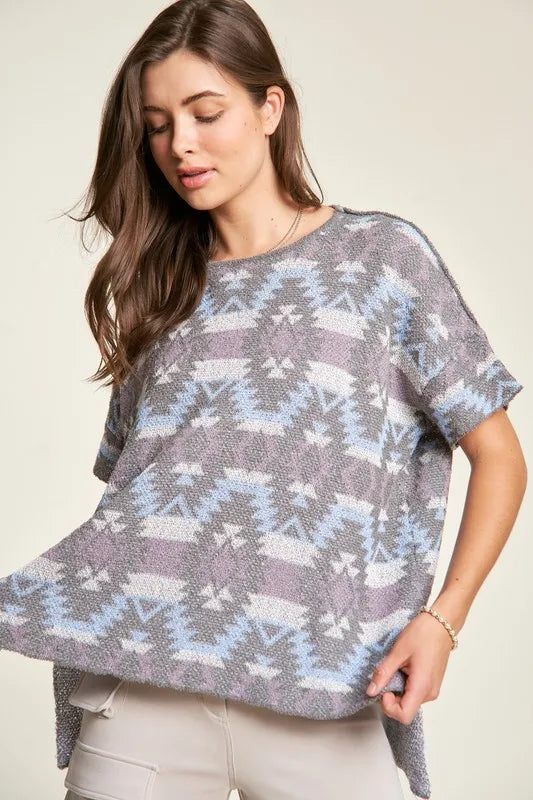 Davi & Dani High-Low Geometric Round Neck Knit Top - Brittney MADE
