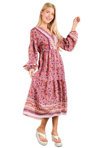 VERY J Floral Printed Boho V-Neck Balloon Sleeve Dress - Brittney MADE