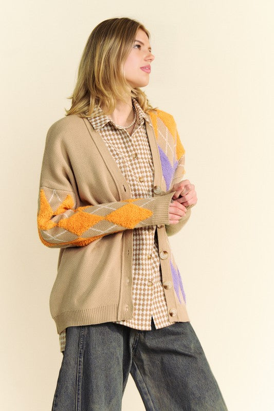 Davi & Dani Argyle V-Neck Dropped Shoulder Cardigan - Brittney MADE