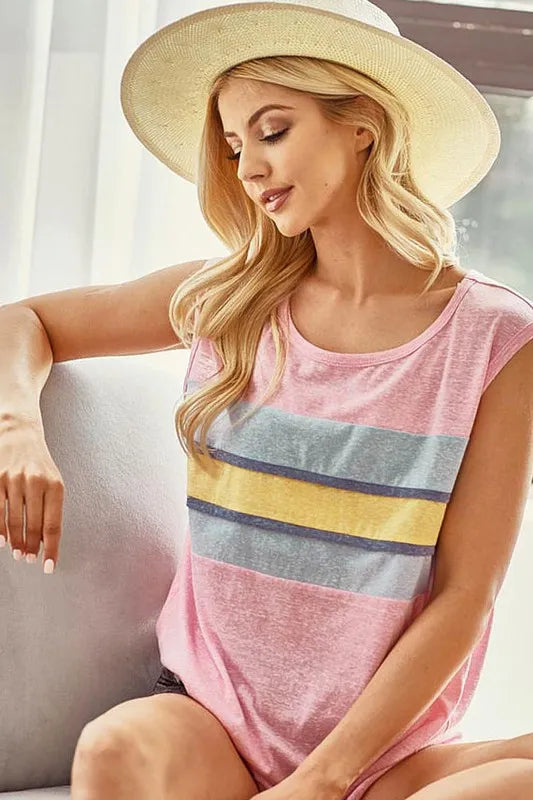 BiBi Tri blend Knit Color Block Band Front Detailed Top - Brittney MADE