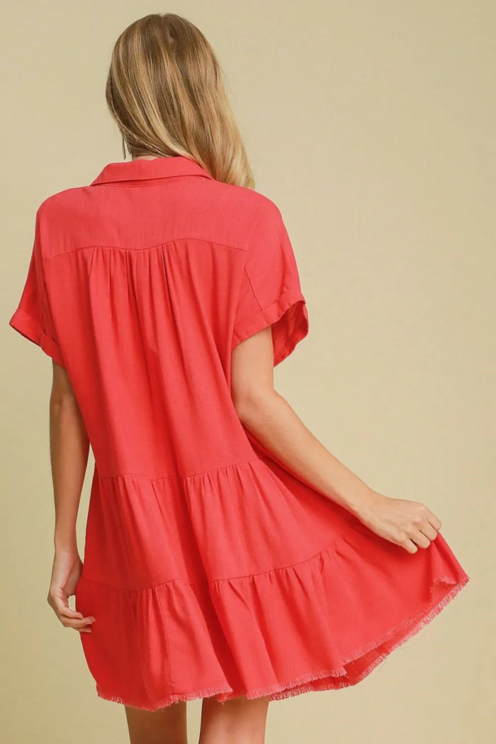 Umgee Full Size Raw Hem Folded Sleeve Tiered Dress Plus Size - Brittney MADE