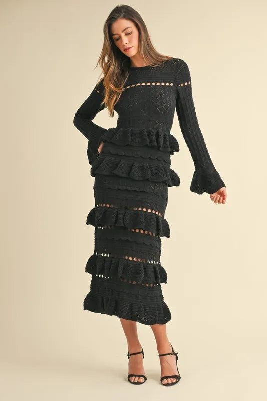 MABLE Long Sleeve Tiered Ruffle Knit Midi Dress - Brittney MADE