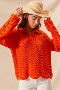 SO ME Notched Collar Wavy Texture Sweater Top - Brittney MADE