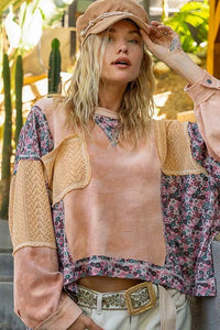 POL Floral Patchwork Round Neck Knit Top - Brittney MADE