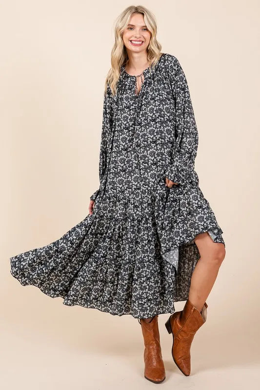 Mittoshop Printed Tie Neck Flounce Sleeve Midi Dress - Brittney MADE
