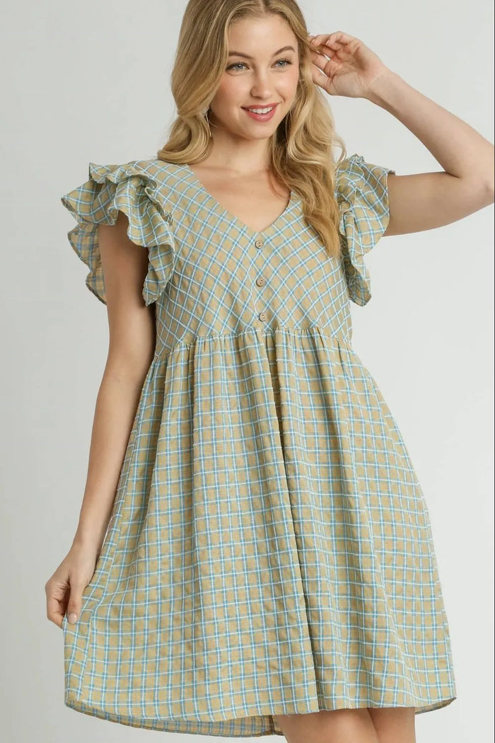 Umgee Full Size Plaid V-Neck Ruffle Cap Sleeve Dress Plus Size - Brittney MADE