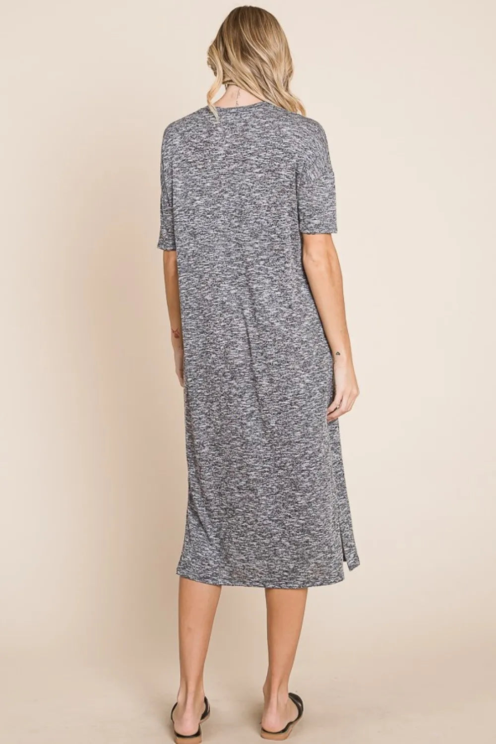 BOMBOM Slit Round Neck Half Sleeve Midi Dress - Brittney MADE