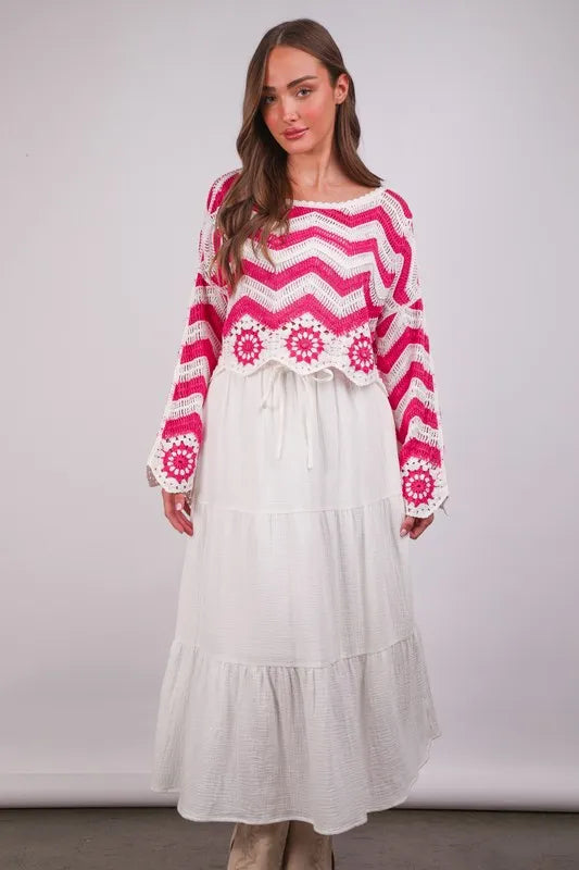 VERY J Chevron/Floral Pattern Crochet Knit Top - Brittney MADE