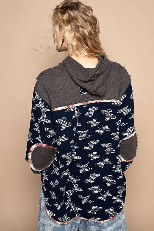 POL Butterfly Waffle-Knit Half Button Hooded Knit Top - Brittney MADE