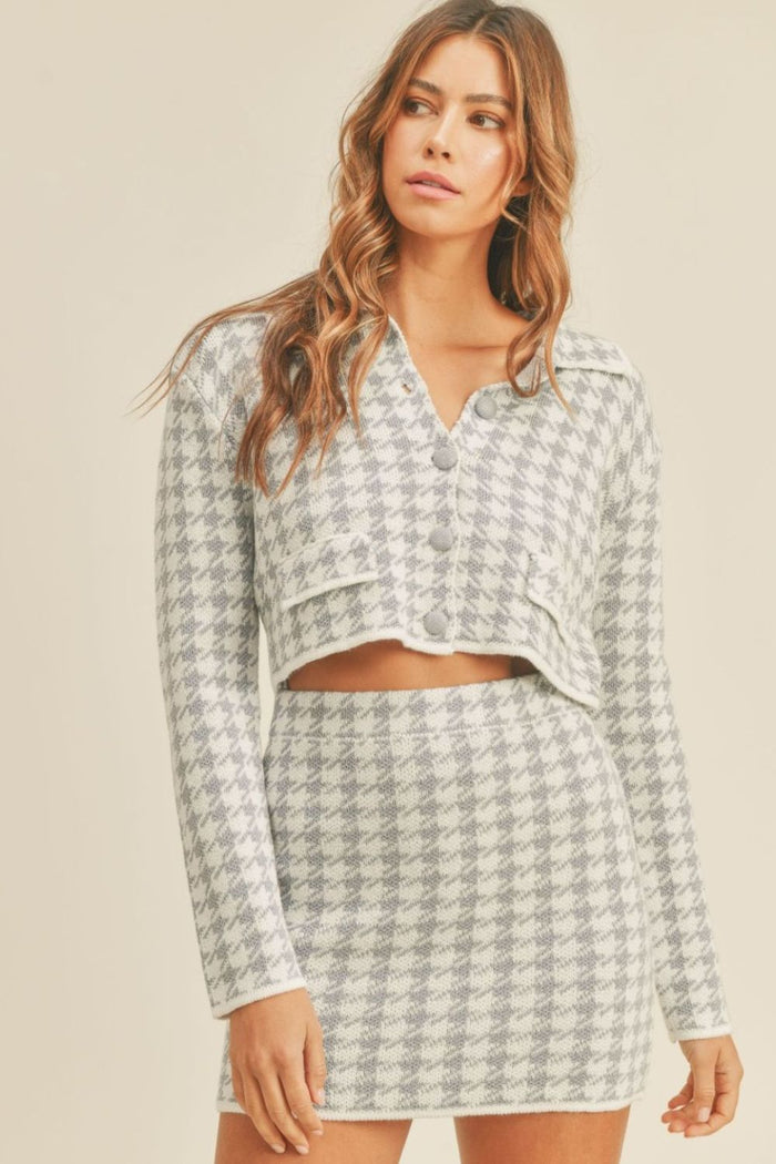 MABLE Houndstooth Cropped Knit Cardigan and Mini Skirt Set - Brittney MADE