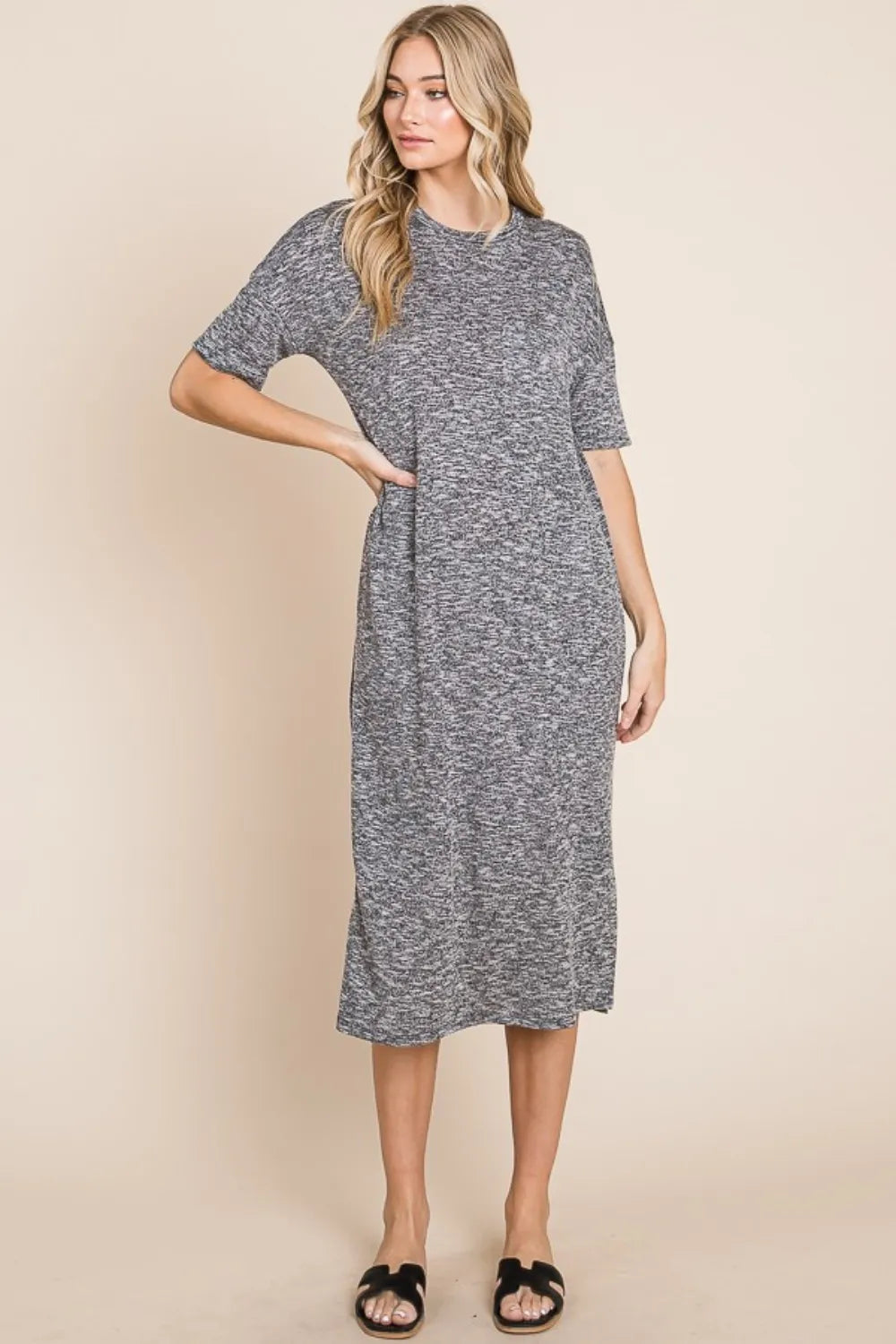 BOMBOM Slit Round Neck Half Sleeve Midi Dress - Brittney MADE