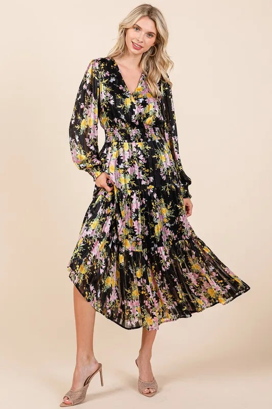Mittoshop Flower Print Satin Lurex Stripe Smocked Midi Dress - Brittney MADE