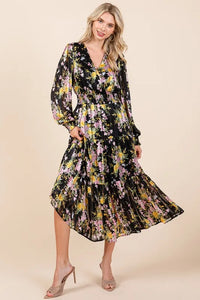 Mittoshop Flower Print Satin Lurex Stripe Smocked Midi Dress - Brittney MADE
