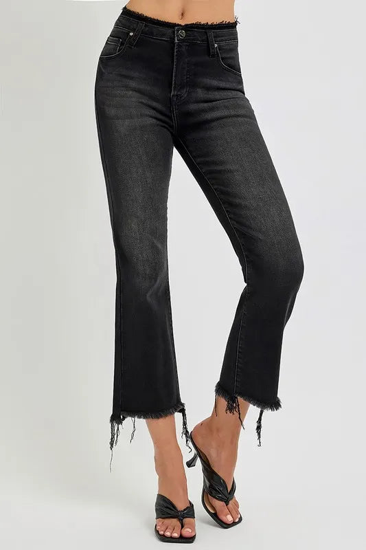 RISEN Full Size Raw Hem Cropped Flare Jeans Plus Size - Brittney MADE