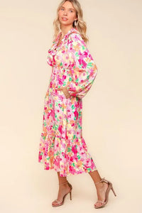 Haptics Full Size Floral Surplice Balloon Sleeve Dress with Side Pockets - Brittney MADE
