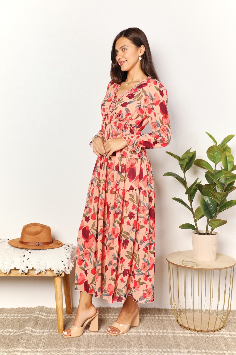 Double Take Floral Frill Trim Flounce Sleeve Plunge Maxi Dress - Brittney MADE
