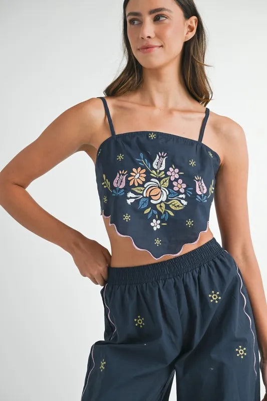MABLE Linen Embroidered Scarf Top and Pants Set - Brittney MADE