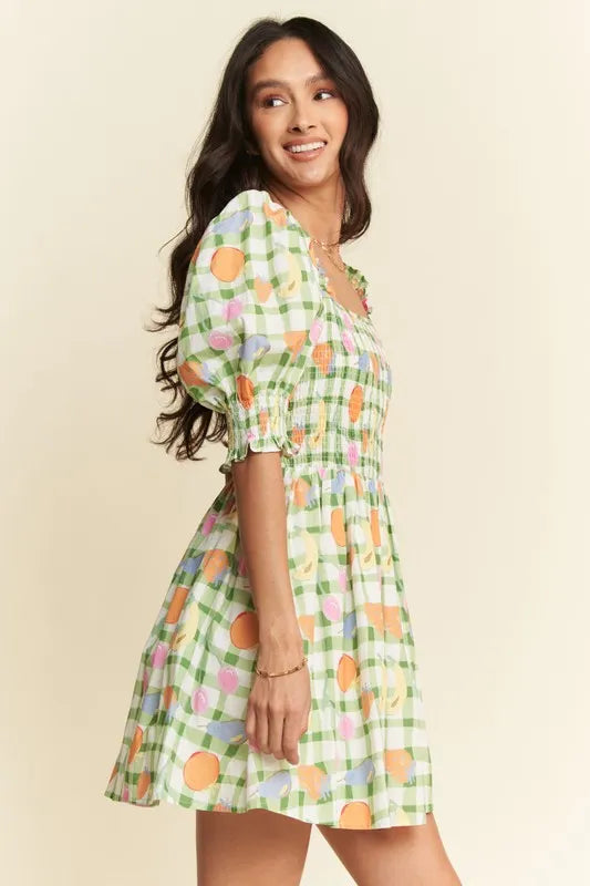Davi & Dani Fruits Printed Smocking Mini Dress - Brittney MADE