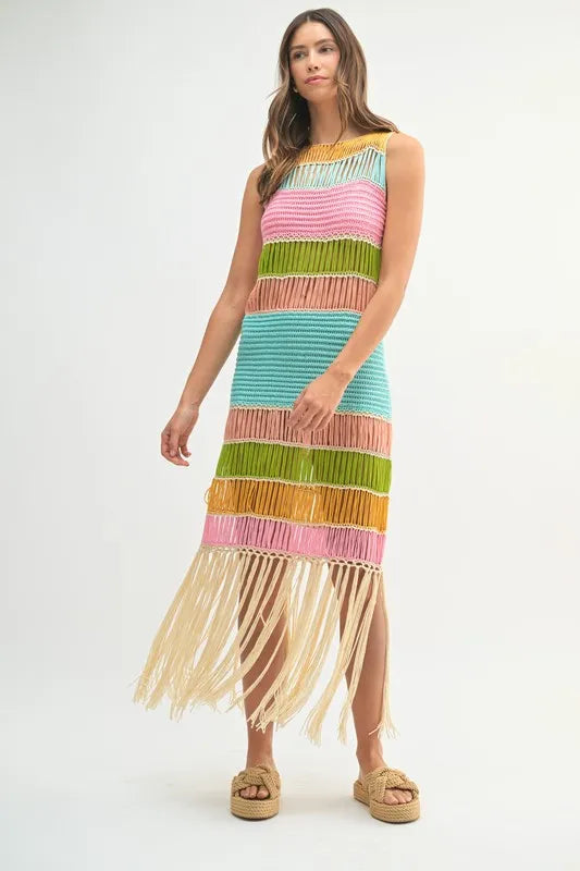 MABLE Multi Color Fringed Crochet Knit Dress - Brittney MADE