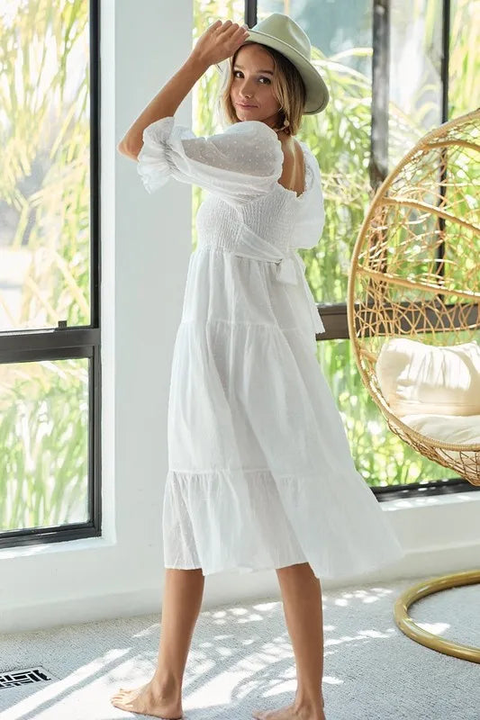 BiBi Swiss Dot Flounce Sleeve Smocked Tiered Midi Dress - Brittney MADE